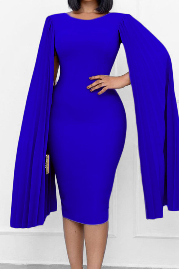 ロイヤルブルーのエレガントなソリッドパッチワークは非対称のOネックワンステップスカートドレスを折ります