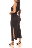 ブラック ファッション カジュアル ソリッド スリット O ネック ノースリーブ ドレス