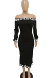 Black Elegant Print Patchwork Off the Shoulder One Step Skirt Dresses