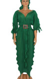 Зеленые элегантные однотонные лоскутные оборки с поясом и V-образным вырезом, одноступенчатые платья-юбки