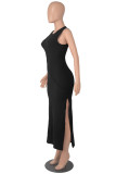 ブラック ファッション カジュアル ソリッド スリット O ネック ノースリーブ ドレス