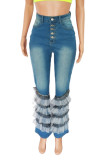 The cowboy blue Casual Street Solid Patchwork High Waist Denim Jeans