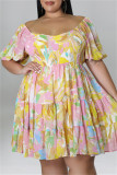 Roze mode casual plus size print patchwork O-hals jurk met korte mouwen