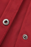 Vestidos de fivela de bolso liso casual vermelho patchwork