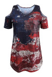 Deep Blue Fashion Casual Print Hollowed Out V Neck T-Shirts