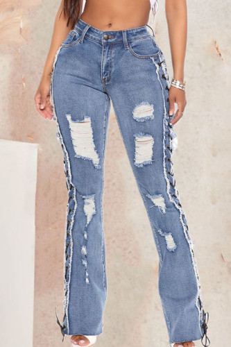 Baby Blue Sexy Solid Ripped Hollowed Out Split Joint High Waist Denim Jeans