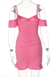 Розовые сексуальные однотонные платья-русалка с воланами на тонких бретельках