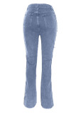 Голубые сексуальные однотонные рваные джинсовые джинсы с высокой талией в стиле пэчворк