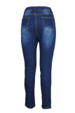 Diepblauwe modieuze casual effen patchwork skinny jeans met hoge taille