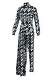 Estampado casual en blanco y negro asimétrico medio cuello alto manga larga dos piezas