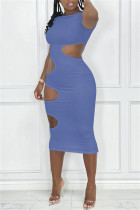 Blaues, modisches, lässiges, fest ausgehöhltes, kurzärmliges Kleid mit O-Ausschnitt