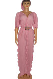 ピンクのエレガントなソリッドパッチワークフラウンスベルトVネックワンステップスカートドレス