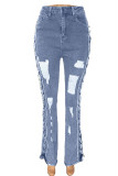Jeans jeans azul bebê sexy sólido rasgado e vazado patchwork cintura alta