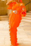 Tangerine Elegant Solid Patchwork Volant mit Gürtel V-Ausschnitt One Step Rock Kleider