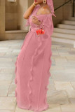 Rosa Elegant Solid Patchwork Volang med bälte V-hals One Step Kjolklänningar