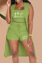 Green Fashion Print Split Joint Cardigan Collar Sleeveless Three Pieces