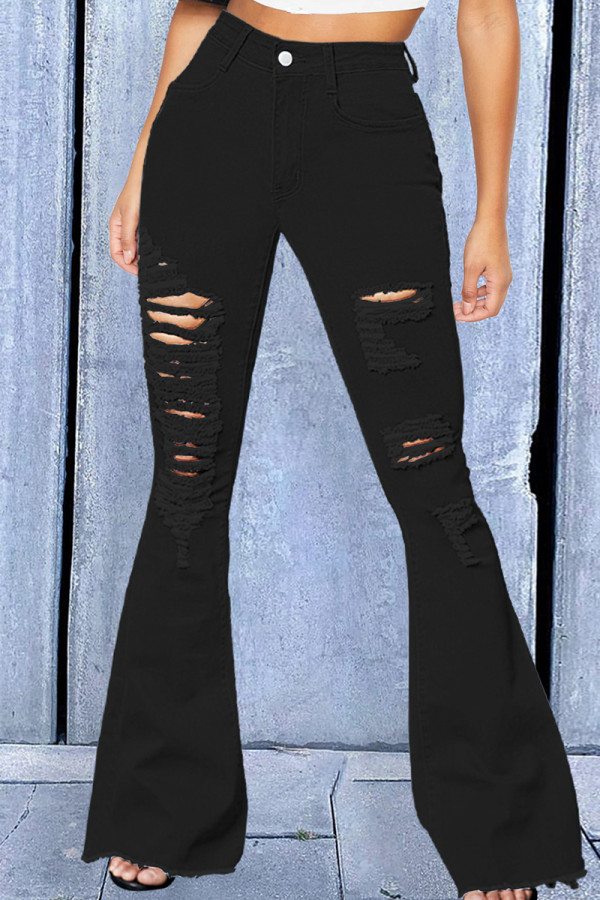 Черные модные повседневные однотонные рваные джинсовые джинсы с высокой талией