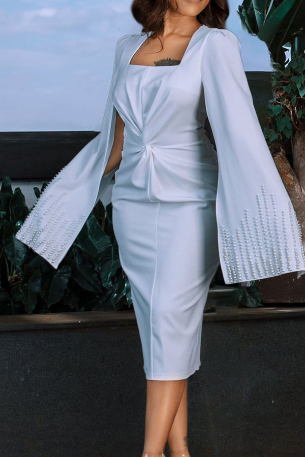 Weißes, elegantes, solides Patchwork, das O-Ausschnitt-Abendkleid-Kleider bördelt