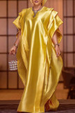 Vestidos de vestido irregular amarelo dourado elegante patchwork sólido babado oco