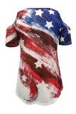 Red Blue Fashion Casual Print Hollowed Out V Neck T-Shirts