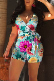 White Casual Print Patchwork Backless Regular Rompers