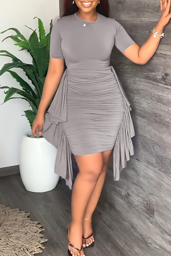 Grey Fashion Casual Solid Patchwork Fold O Neck Short Sleeve Dress