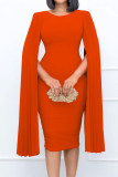 Красные элегантные однотонные лоскутные асимметричные платья с круглым вырезом и юбкой в ​​один шаг