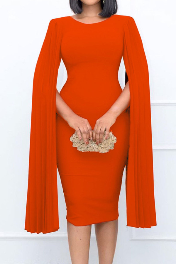 Tangerine Red Элегантные однотонные лоскутные асимметричные платья с круглым вырезом и юбкой в ​​один шаг
