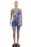 Cyan Casual Print Patchwork Backless Regular Rompers