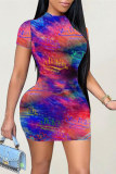 Multicolor Fashion Casual Print Tie Dye Basic O-Ausschnitt Kurzarmkleid