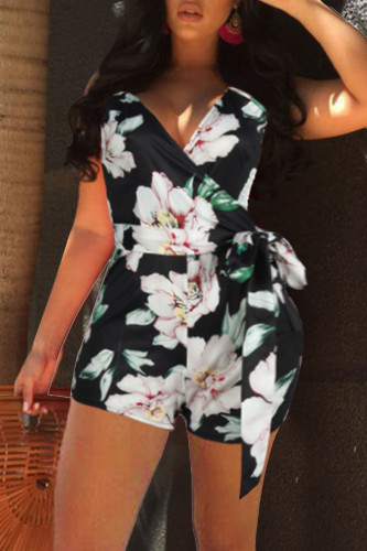 Black Casual Print Patchwork Backless Regular Rompers