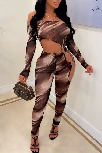 Coffee Sexy Print Hollowed Out Split Joint Off the Shoulder Regular Jumpsuits