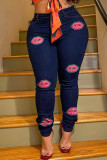 Dunkelblaue, modische, lässige, mit Lippen bedruckte Patchwork-Jeans in Übergröße