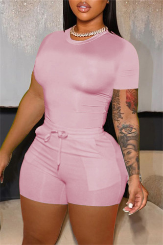 Roze Mode Casual Effen kleur Tops en shorts met korte mouwen Tweedelige set