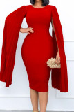 Rojo Elegante Sólido Patchwork Pliegue Asimétrico O Cuello Un Paso Falda Vestidos