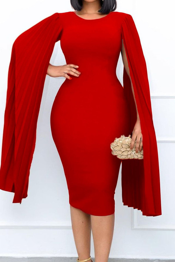 Rote, elegante, solide Patchwork-Falte, asymmetrisch, O-Ausschnitt, One-Step-Rock-Kleider