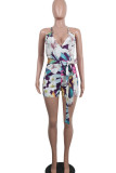 Purple Casual Print Patchwork Backless Regular Rompers