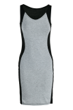 Robes de jupe crayon à col rond en patchwork solide gris sexy