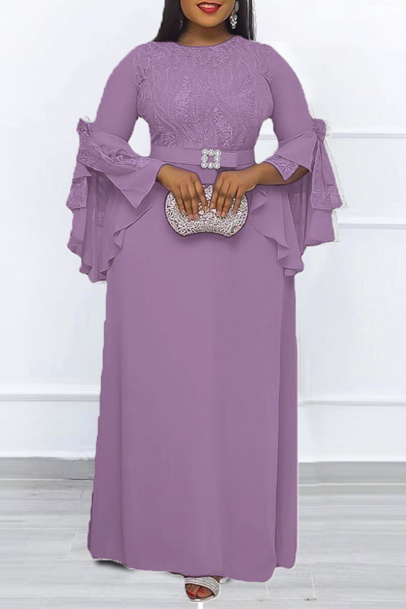 

Purple Elegant Solid Patchwork O Neck Long Dress Plus Size Dresses