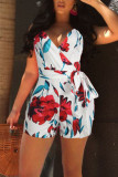 Cyan Casual Print Patchwork Backless Regular Rompers