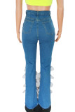 The cowboy blue Casual Street Solid Patchwork High Waist Lace Trim Denim Jeans