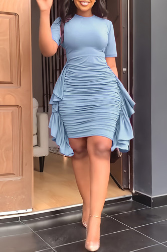 Blue Fashion Casual Solid Patchwork Fold O Neck Short Sleeve Dress