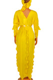 Желтые элегантные однотонные лоскутные оборки с поясом и V-образным вырезом, одноступенчатые платья-юбки