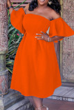 Tangerine Red Elegant Solid Patchwork Off-the-Shoulder Abendkleid Kleider