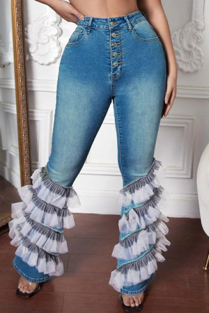 The cowboy blue Casual Street Solid Patchwork High Waist Lace Trim Denim Jeans
