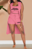 Pink Fashion Print Patchwork Cardigan Collar Sleeveless Three Pieces