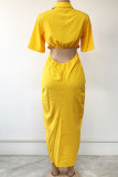 Yellow Casual Solid Hollowed Out Patchwork Buckle Backless Turndown Collar Shirt Dress Dresses