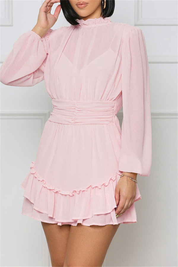 ピンクのセクシーなカジュアルなソリッドパッチワークシースルーハーフタートルネック長袖ドレス