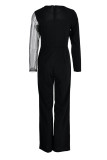 ブラック ファッション カジュアル ソリッド パッチワーク シースルー O ネック レギュラー ジャンプスーツ