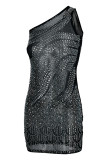 Black Fashion Sexy Patchwork Hot Drilling Backless One Shoulder Sleeveless Dress Dresses